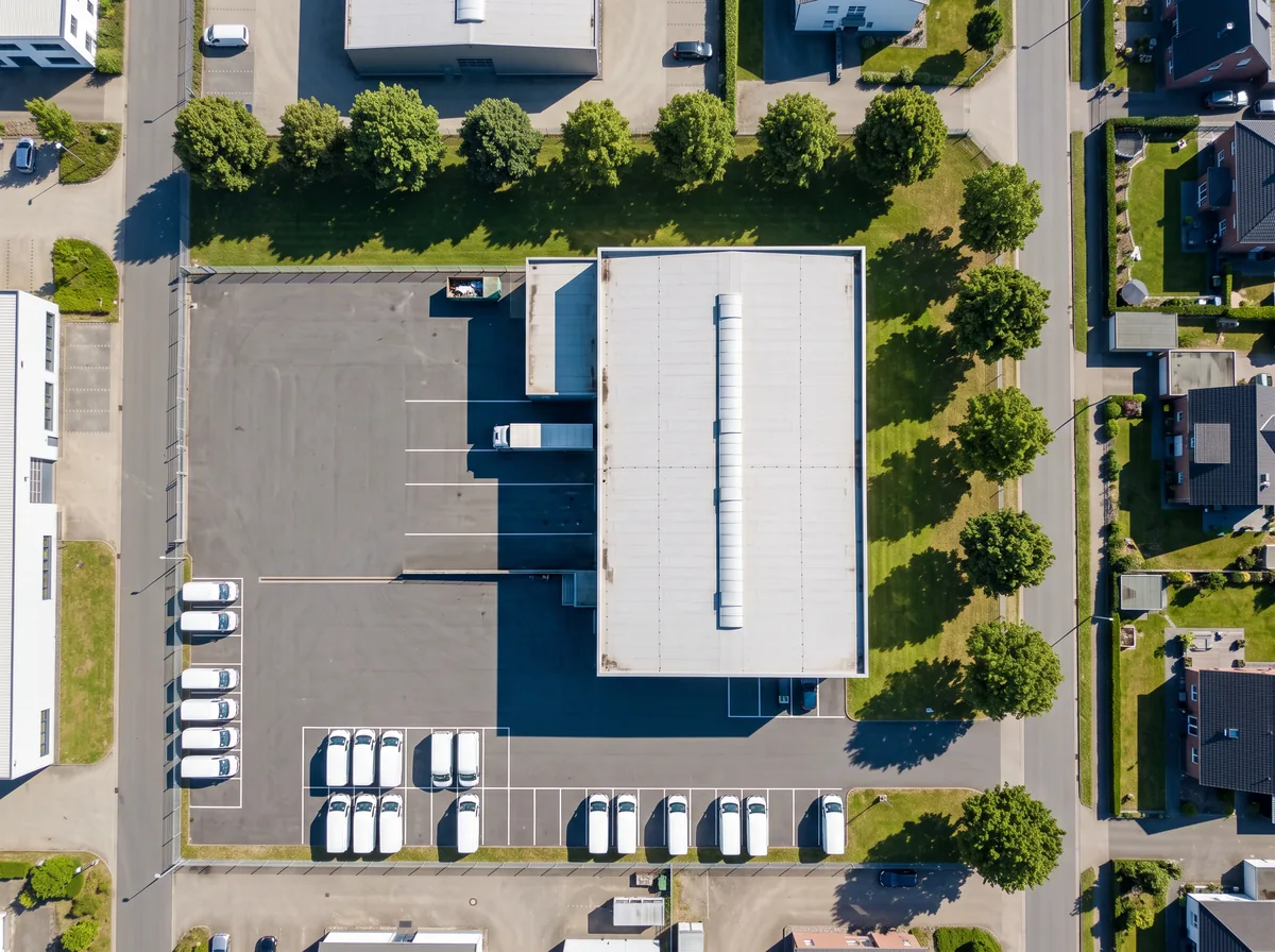 Klassische Luftaufnahme aus der Senkrechten: Gewerbehalle mit hellem Flachdach, Parkplatz mit Fahrzeugen und begrünten Grundstücksgrenzen