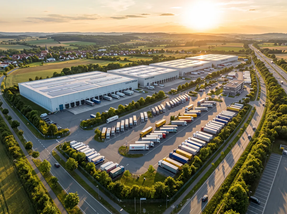 Panorama-Luftaufnahme eines Logistikparks im Sonnenuntergang: Hallen mit Verladerampen und Reihen wartender Lastzüge