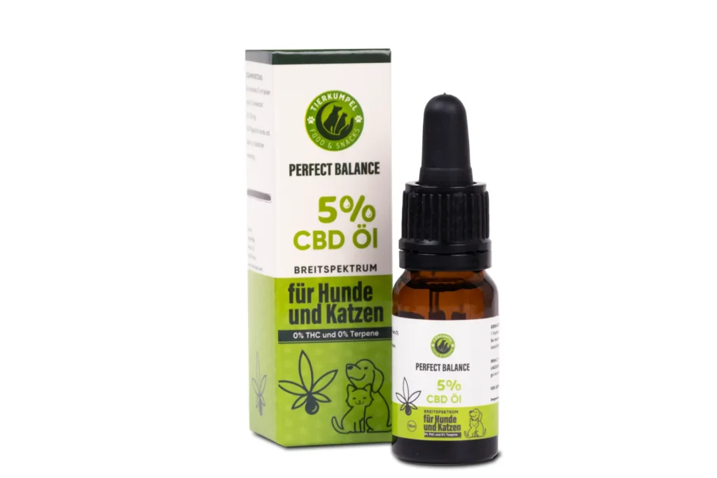 5% CBD Öl für Hunde und Katzen von Perfect Balance, Produktfotografie mit Verpackung und Flasche.