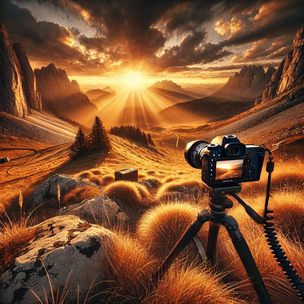 Dall·e 2025 03 15 19.53.12 A Breathtaking Image Showcasing Landscape Photography Techniques. The Scene Features A Professional Photographer Capturing A Stunning Mountain Landsca