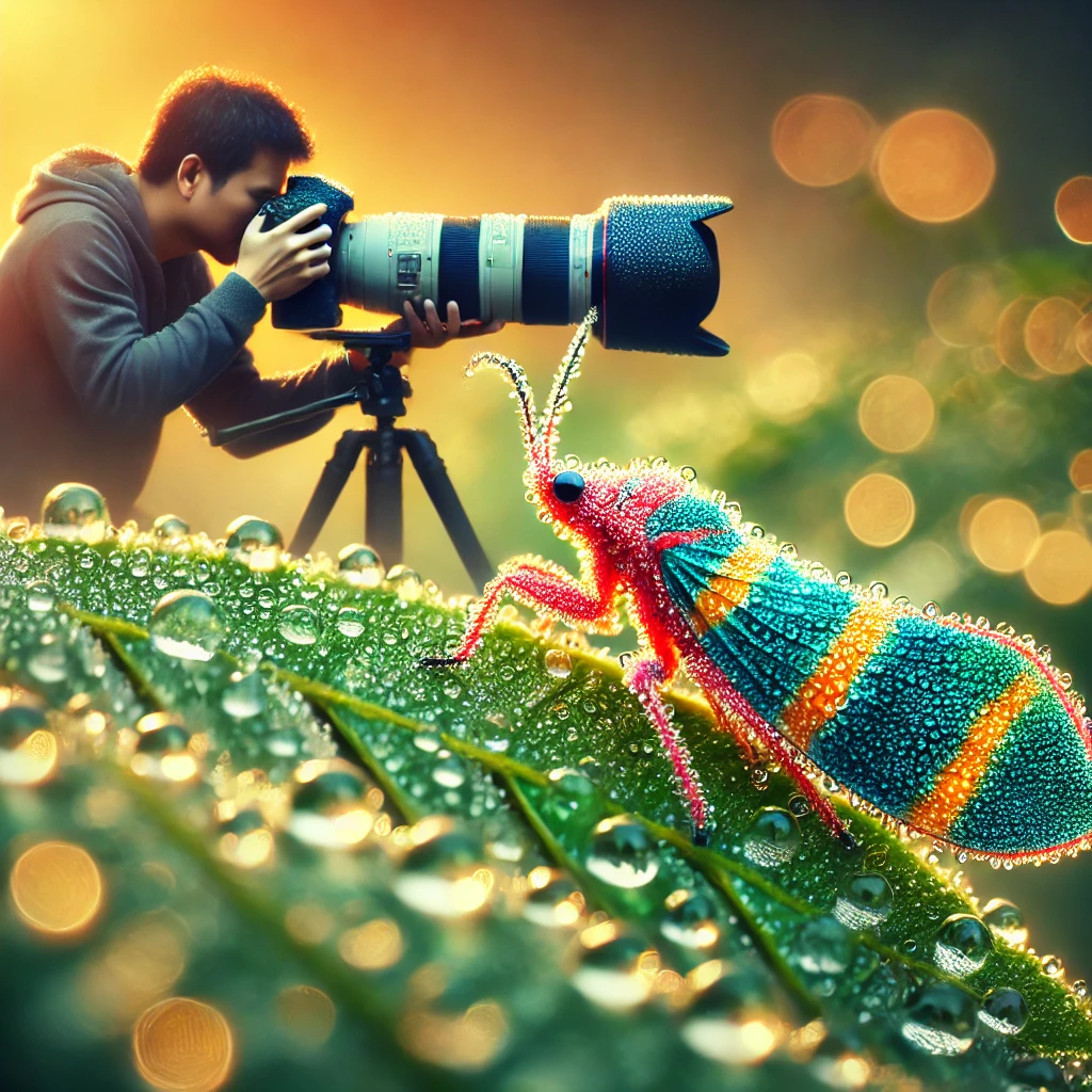 Dall·e 2025 03 15 19.59.30 A Stunning And Detailed Image Showcasing Macro Photography Techniques. The Scene Features A Close Up Shot Of A Vibrant Insect On A Dewdrop Covered Lea