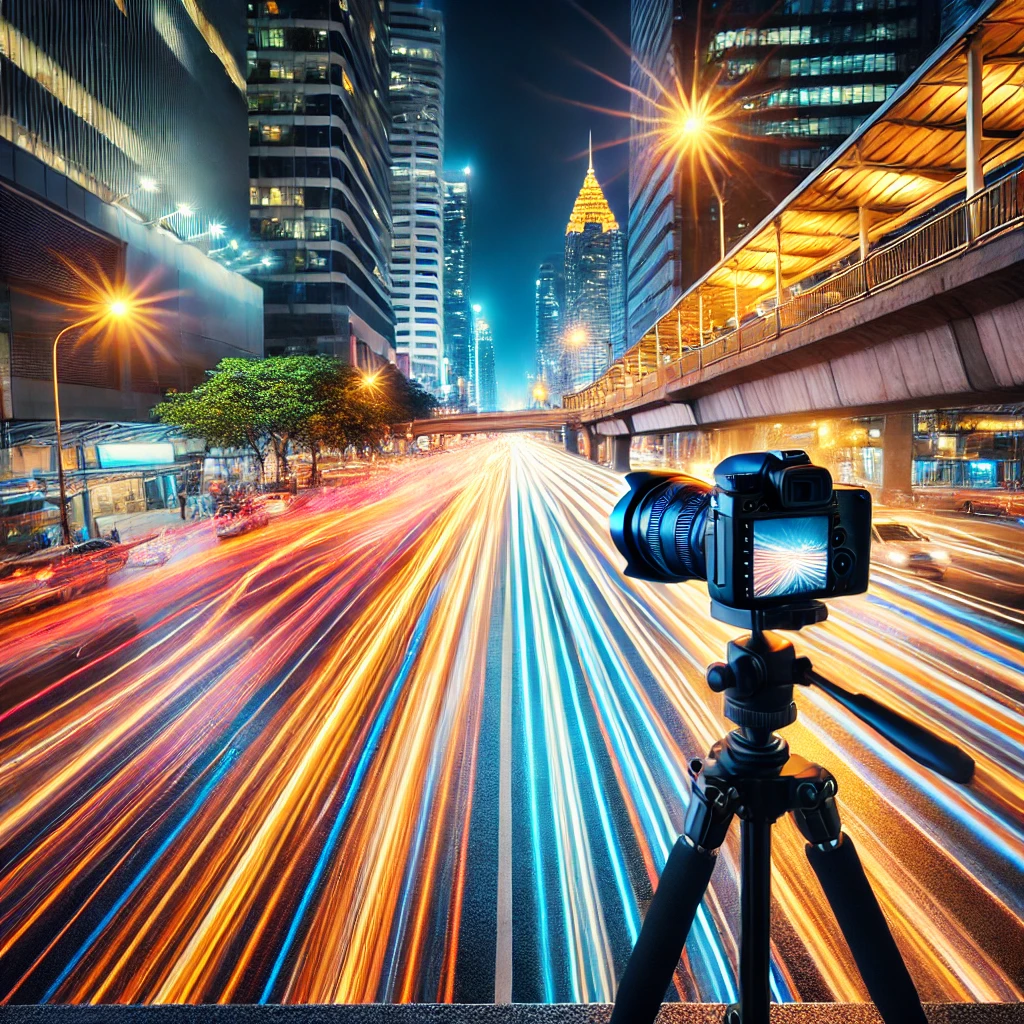 Dall·e 2025 03 15 19.59.59 A Captivating Image Demonstrating Long Exposure Photography Techniques. The Scene Features A Bustling City Street At Night With Light Trails From Pass