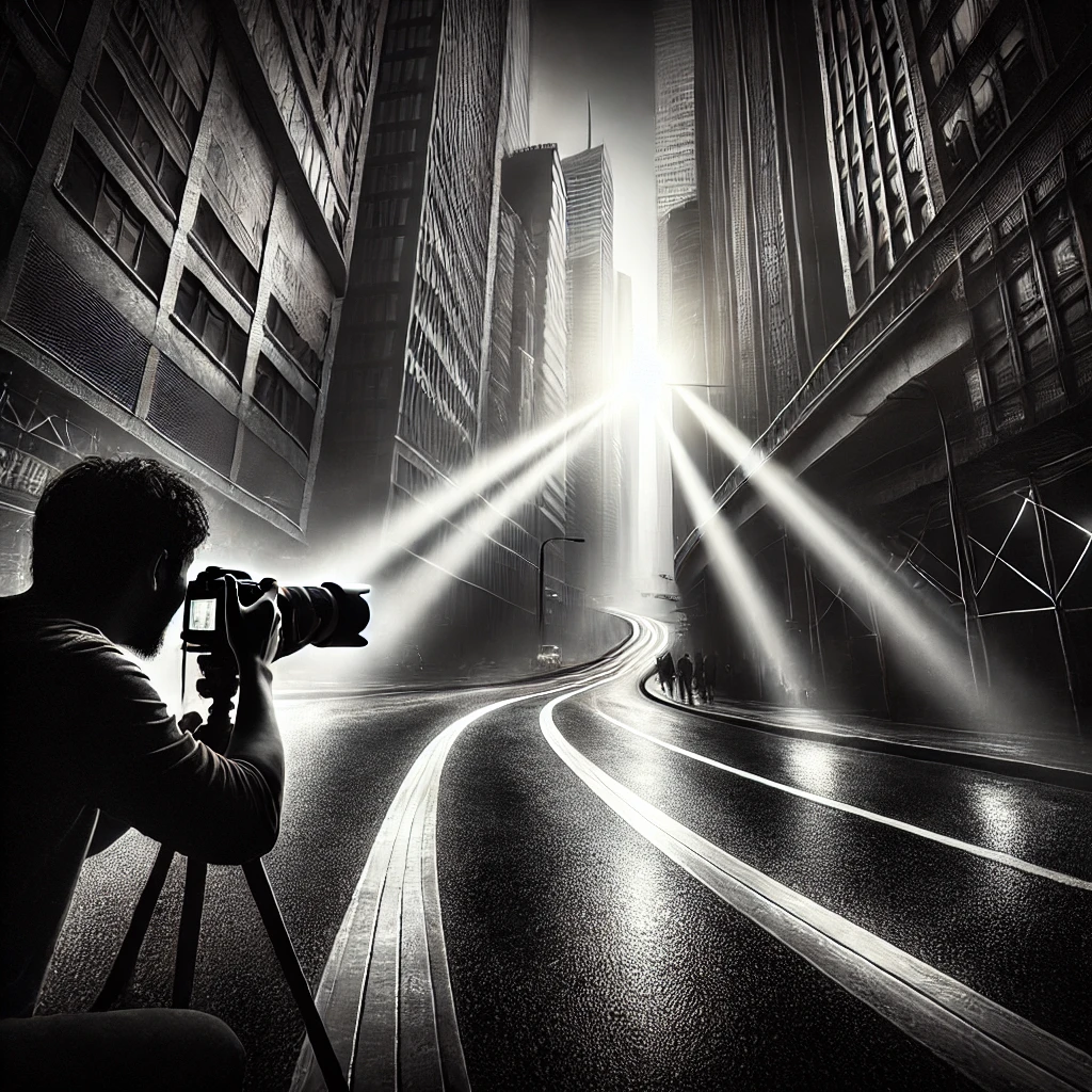 Dall·e 2025 03 15 20.00.10 A Striking Black And White Photograph Showcasing The Art Of Monochrome Photography. The Scene Features A Dramatic Cityscape With High Contrast Between