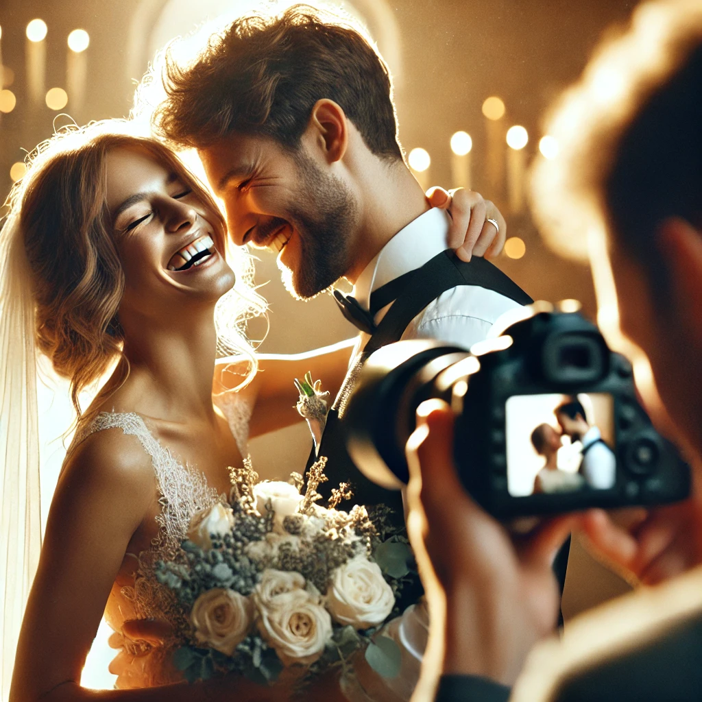 Dall·e 2025 03 15 20.00.38 A Heartfelt And Authentic Image Showcasing Wedding Photography Tips. The Scene Captures A Candid Moment Between A Newlywed Couple Sharing A Joyful An